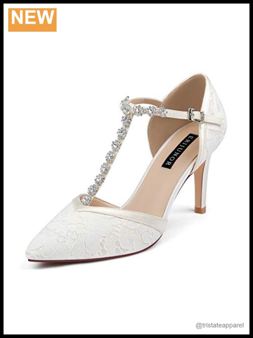 Mid Heel T-Strap Pointed Toe Rhinestone Lace Wedding Pump